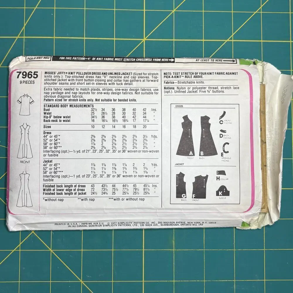 Vtg Uncut Misses Jiffy Knits Pullover Dress, Jacket Pattern Simplicity 7965 Sz10